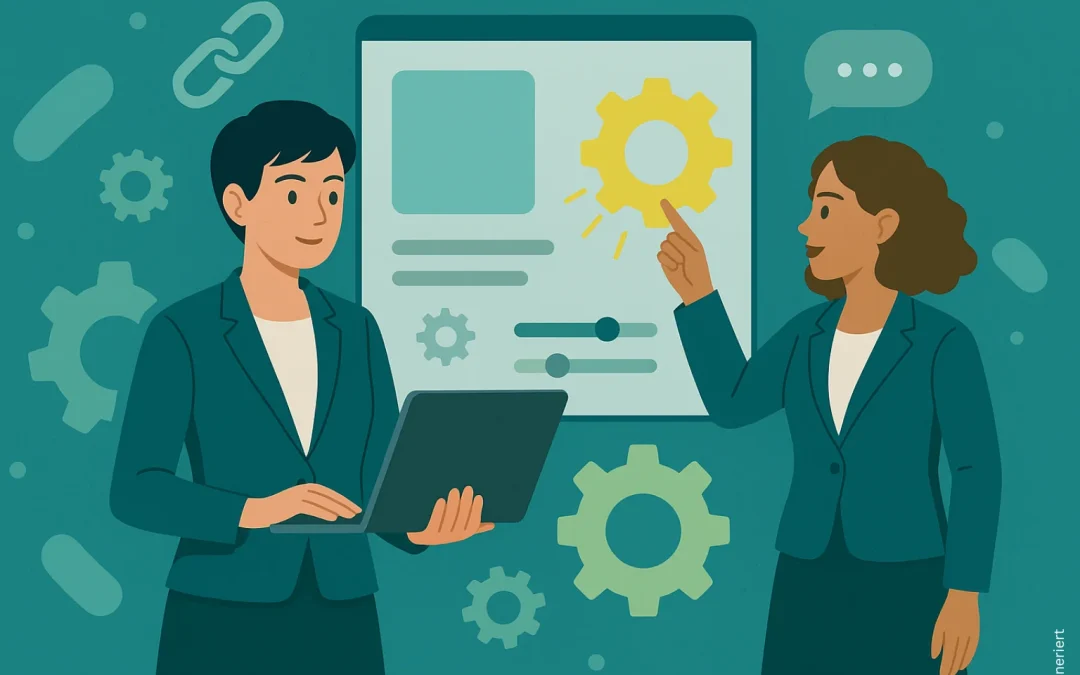 Illustrierte Personen vor Website mit Zahnrädern und Sprechblasen