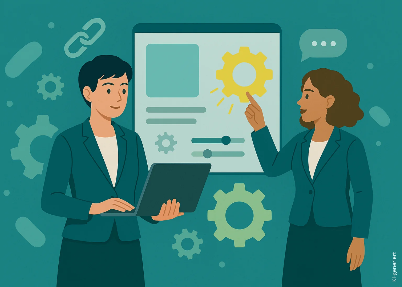 Beitragsbild_Blog_NoCodePlattform Illustrierte Personen vor Website mit Zahnrädern und Sprechblasen
