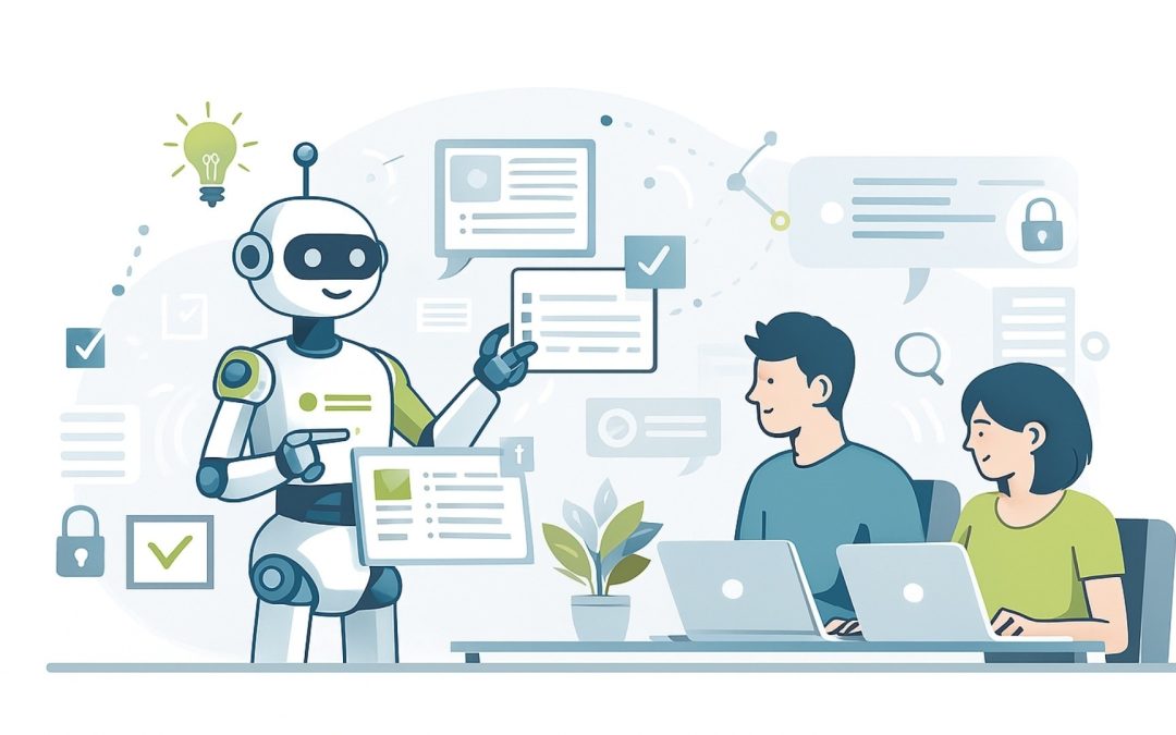 Illustration zur KI Arbeitswelt: KI unterstützt Mitarbeitende bei Aufgaben im Büroalltag.