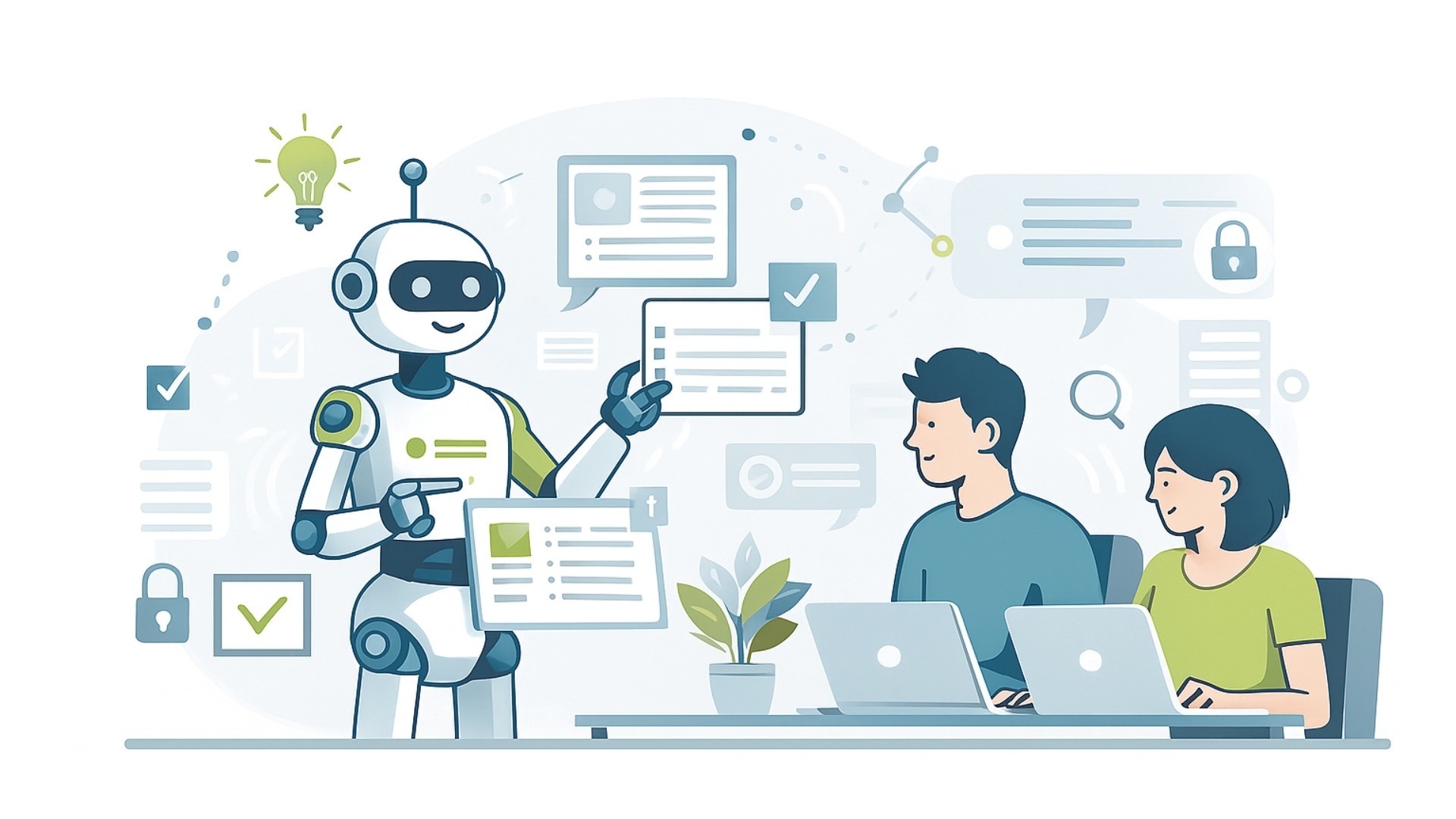 Illustration zur KI Arbeitswelt: KI unterstützt Mitarbeitende bei Aufgaben im Büroalltag.